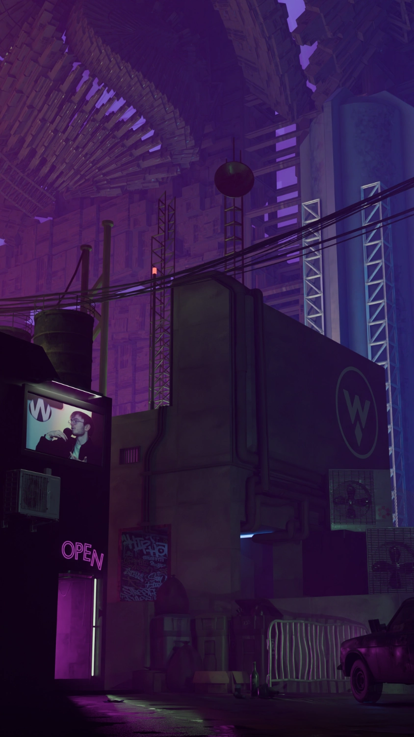 Rendered visual of Woshino’s 3D Cyberpunk project